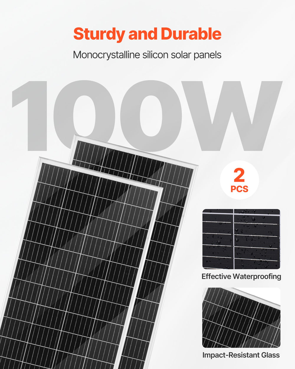VEVOR 100W monocrystalline solar panels (2PCS) feature graphic