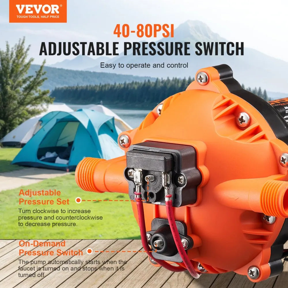 VEVOR 12V Diaphragm Pump, 5 GPM (18.93 L/min), 5-Chamber 12V DC Water Pump with Automatic Pressure Switch 40-100 PSI Adjustable, 1/2'' MNPT Port, for Agricultural Irrigation Construction Site Drainage