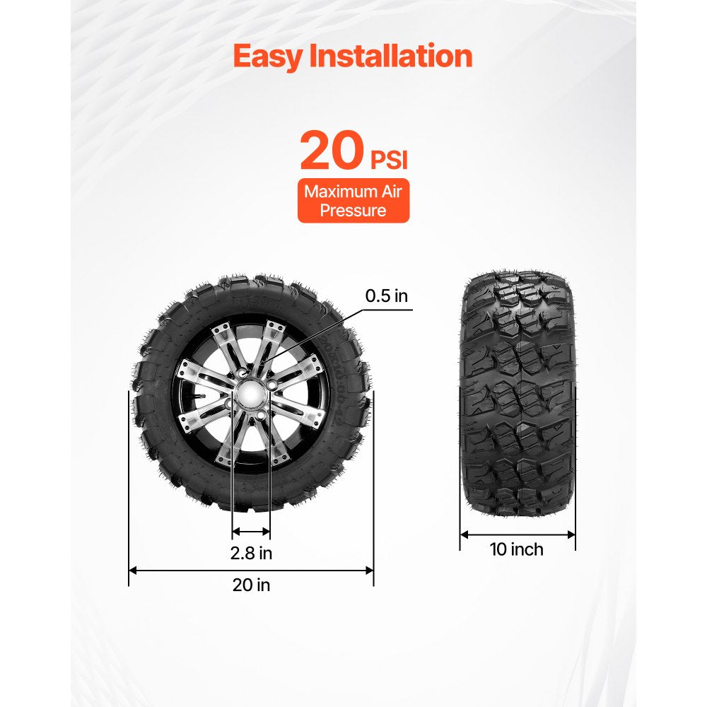 VEVOR Golf Cart Wheels, 12" 20x10-12 Black Aluminum Alloy Golf Cart Tires and Wheels Combo (Set of 4) Fit Club Car, EZGO, Yamaha, 4 Ply Rubber 4-Lug Lawn Mower Tires & Rims, 800 lbs Load, All-Terrain