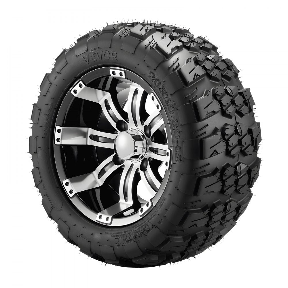 VEVOR Golf Cart Wheels, 12" 20x10-12 Black Aluminum Alloy Golf Cart Tires and Wheels Combo (Set of 4) Fit Club Car, EZGO, Yamaha, 4 Ply Rubber 4-Lug Lawn Mower Tires & Rims, 800 lbs Load, All-Terrain