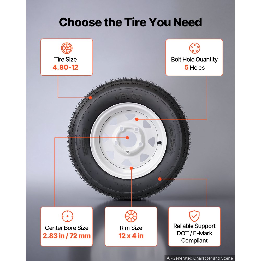 VEVOR 2-Pack Trailer Tire Rim Assembly 4.80-12 with 5 Lug on 4.5 in PCD, 6 Ply Load Range C Trailer Tire on 12" White Rims, 2.8 in Center Bore, Max Load 990LBS 90PSI for Utility/Boat/Camper Trailers