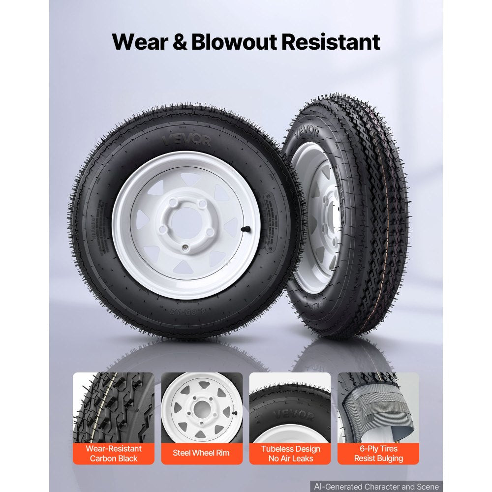 VEVOR 2-Pack Trailer Tire Rim Assembly 4.80-12 with 5 Lug on 4.5 in PCD, 6 Ply Load Range C Trailer Tire on 12" White Rims, 2.8 in Center Bore, Max Load 990LBS 90PSI for Utility/Boat/Camper Trailers