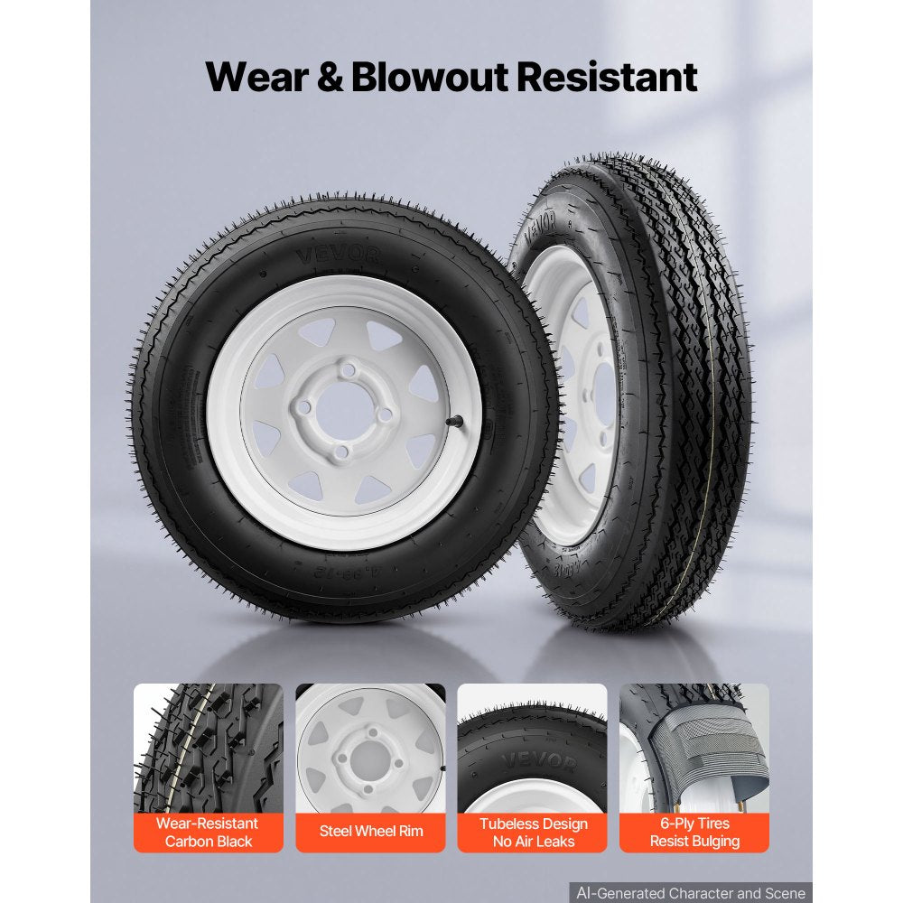 VEVOR 2-Pack Trailer Tire Rim Assembly 4.80-12 with 4 Lug on 4 in PCD, 6 Ply Load Range C Trailer Tire on 12" White Rims, 2.8 in Center Bore, Max Load 990LBS 90PSI for Utility/Boat/Camper Trailers
