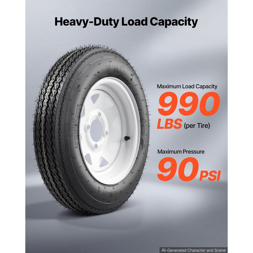 VEVOR 2-Pack Trailer Tire Rim Assembly 4.80-12 with 4 Lug on 4 in PCD, 6 Ply Load Range C Trailer Tire on 12" White Rims, 2.8 in Center Bore, Max Load 990LBS 90PSI for Utility/Boat/Camper Trailers