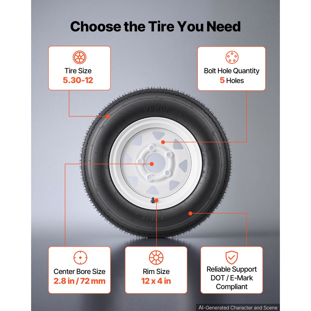 VEVOR 2-Pack Trailer Tire Rim Assembly 5.30-12 with 5 Lug on 4.5 in PCD, 6 Ply Load Range C Trailer Tire on 12" White Rims, 2.8 in Center Bore, Max Load 1050LBS 80PSI for Utility/Boat/Camper Trailers