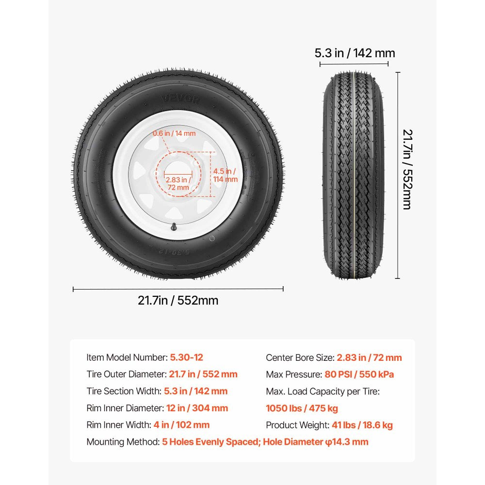 VEVOR 2-Pack Trailer Tire Rim Assembly 5.30-12 with 5 Lug on 4.5 in PCD, 6 Ply Load Range C Trailer Tire on 12" White Rims, 2.8 in Center Bore, Max Load 1050LBS 80PSI for Utility/Boat/Camper Trailers