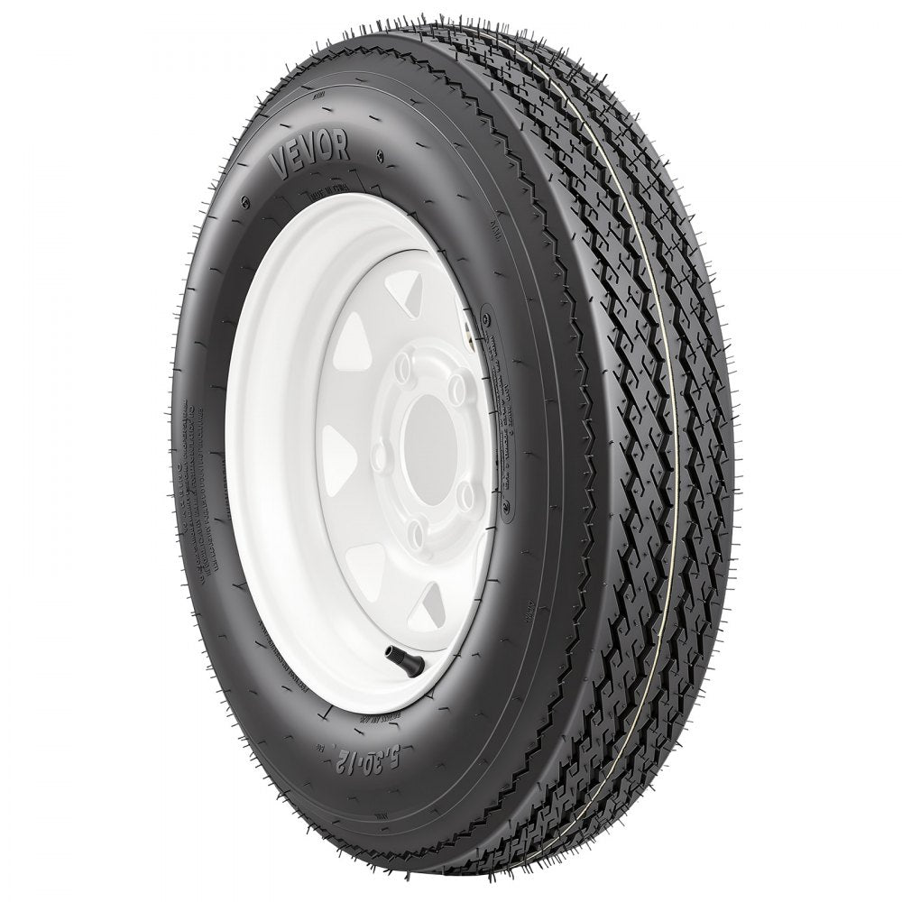 VEVOR 2-Pack Trailer Tire Rim Assembly 5.30-12 with 5 Lug on 4.5 in PCD, 6 Ply Load Range C Trailer Tire on 12" White Rims, 2.8 in Center Bore, Max Load 1050LBS 80PSI for Utility/Boat/Camper Trailers