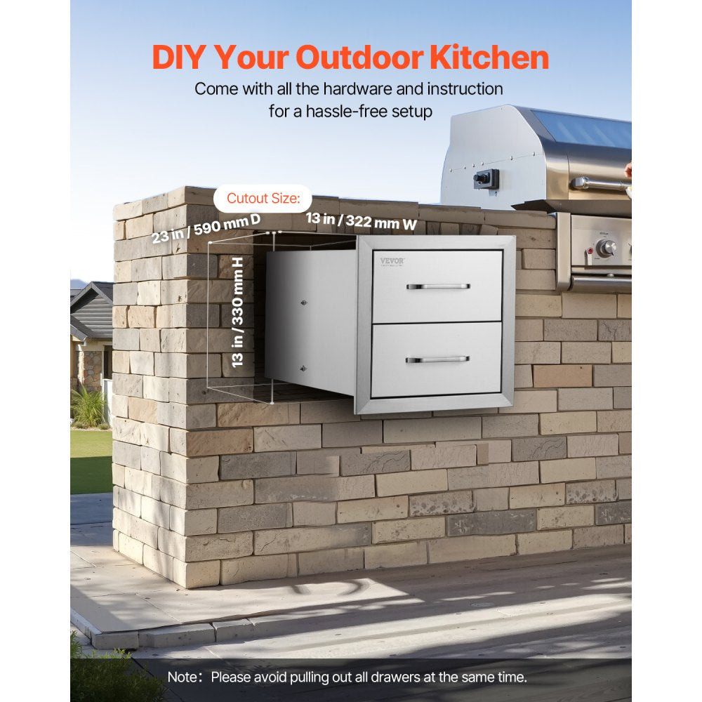 VEVOR Outdoor Kitchen Drawers 14W x 14.4H x 23D Inch, Flush Mount Double BBQ Drawers Stainless Steel with Handle, BBQ Island Drawers for Outdoor Kitchens or Grill Station