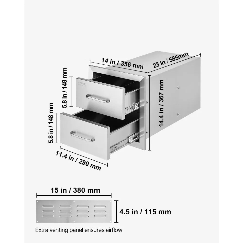 VEVOR Outdoor Kitchen Drawers 14W x 14.4H x 23D Inch, Flush Mount Double BBQ Drawers Stainless Steel with Handle, BBQ Island Drawers for Outdoor Kitchens or Grill Station