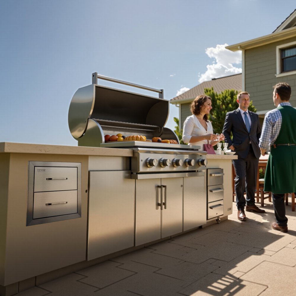 VEVOR Outdoor Kitchen Drawers 14W x 14.4H x 23D Inch, Flush Mount Double BBQ Drawers Stainless Steel with Handle, BBQ Island Drawers for Outdoor Kitchens or Grill Station