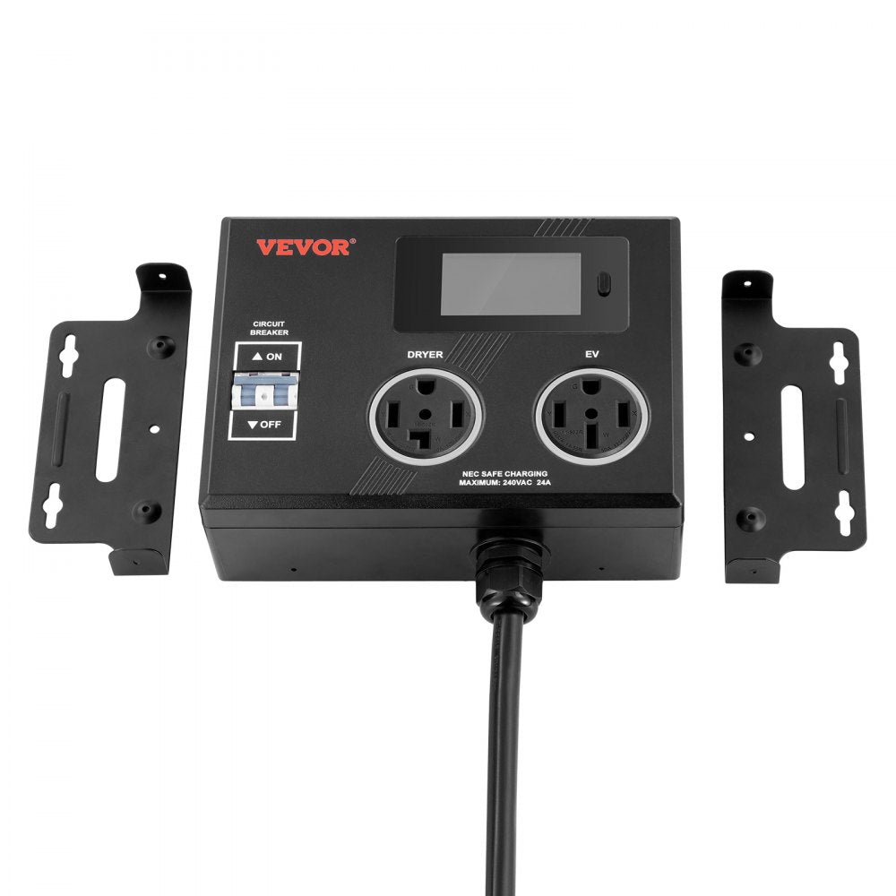 VEVOR NEMA Splitter for Dryer and EV, 3-Color LED Indicator, 240V Smart Power Distribution, With NEMA 14-30 Plug, NEMA 14-30 & NEMA 14-50 Outlets, Large 3.4-Inch LCD Screen, for Max 24A Dryer or EV