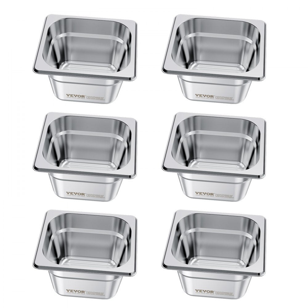 VEVOR 6 Pack Stainless Steam Hotel Pans, 1/6 Size Table Steam Pan, 4 Inch Deep, Anti Jam Restaurant Supplies Reusable Rustproof Catering Storage for Home, Party, Restaurant, Hotel, Buffet