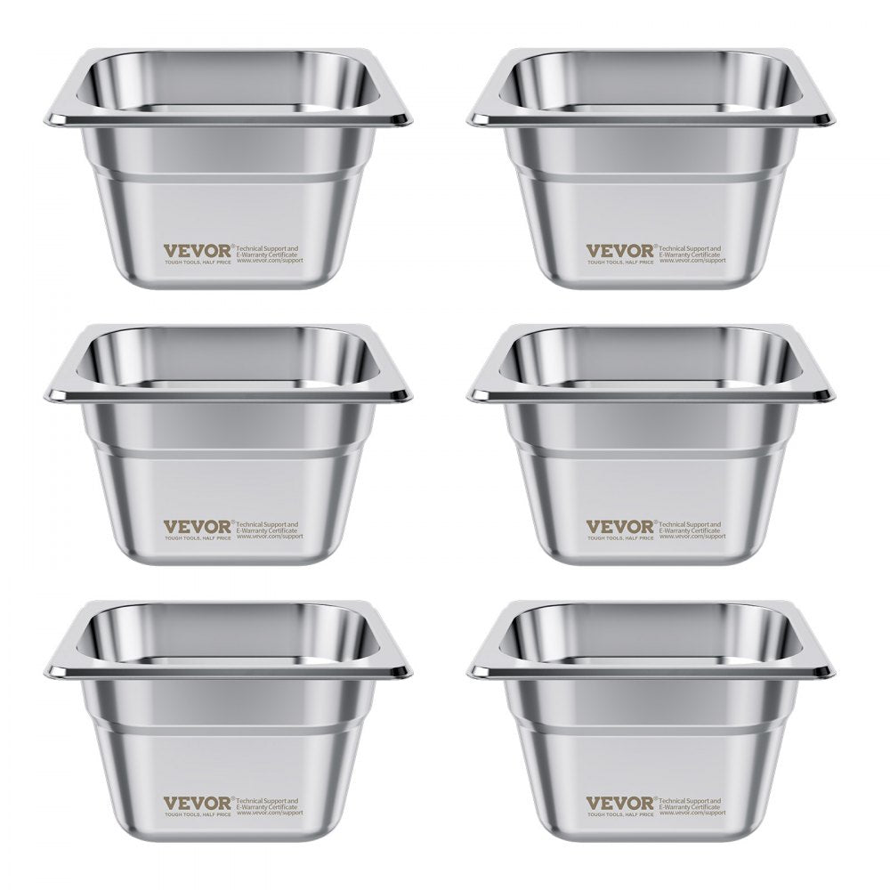 VEVOR 6 Pack Stainless Steam Hotel Pans, 1/6 Size Table Steam Pan, 4 Inch Deep, Anti Jam Restaurant Supplies Reusable Rustproof Catering Storage for Home, Party, Restaurant, Hotel, Buffet