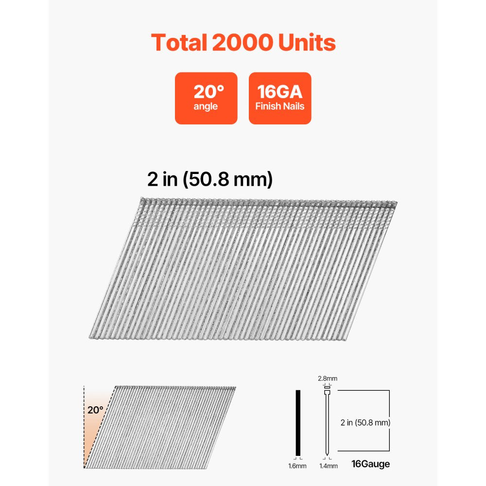 VEVOR 16 Gauge Finish Nails, 2 in Angled Finishing Nails, 2000-Count Galvanized Finishing Nail, 20-Degree Heavy-Duty Brad Nail with Galvanized Anti-Rust Process, for 16GA 20° Angled Finish Nailers