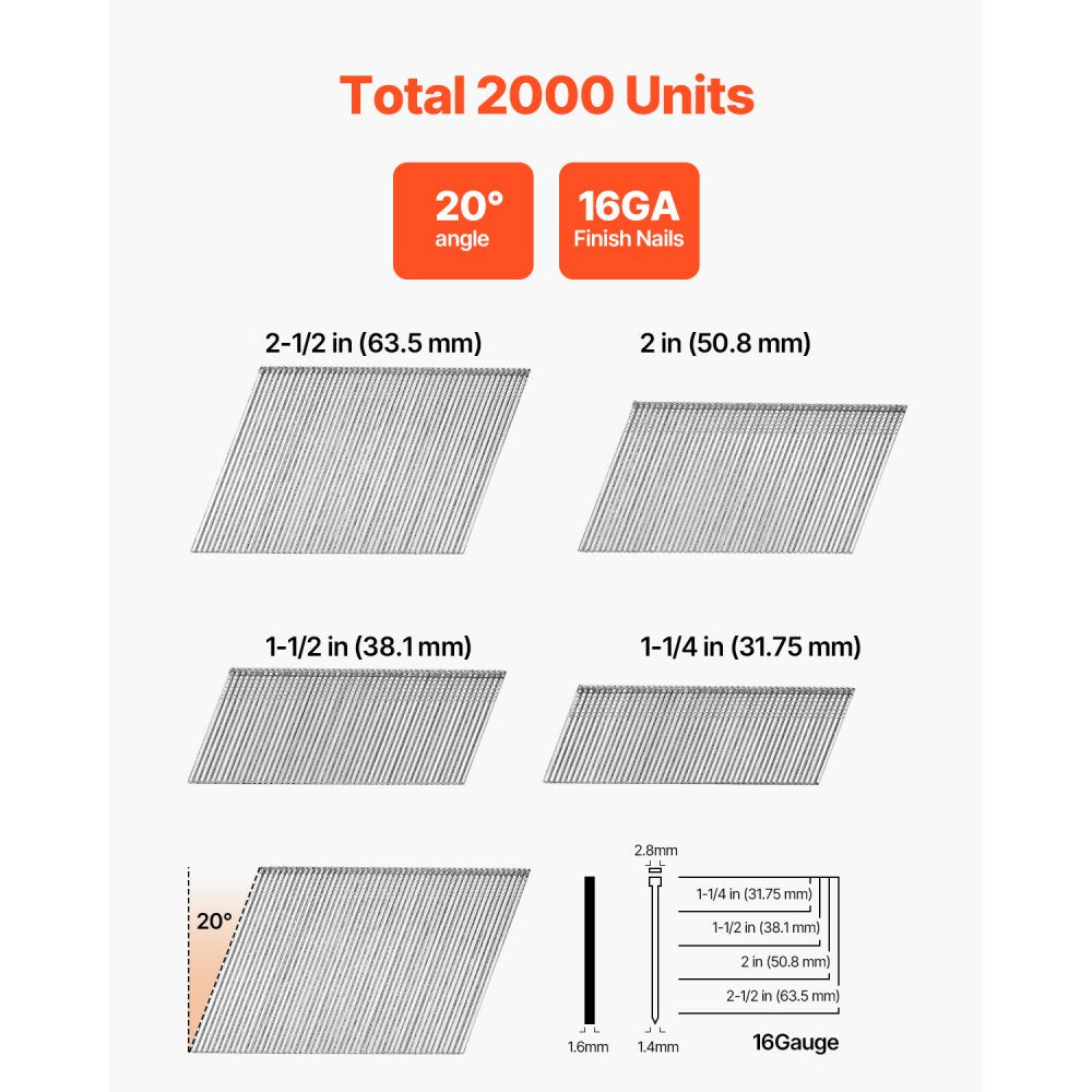 VEVOR 16 Gauge Finish Nails, 20-Degree Angled Finishing Nails, 2000-Count (2-1/2 in, 2 in, 1-1/2 in, 1-1/4 in, 500 Per Size) Finishing Nail, Galvanized Brad Nail, for 16GA 20° Angled Finish Nailers