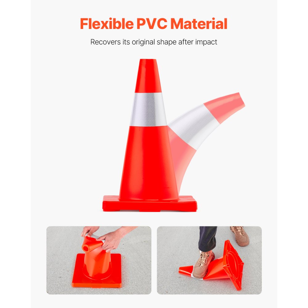 VEVOR 12Pack 18\" Traffic Cones, Safety Road Parking Cones PVC Base, Orange Traffic Cone with Reflective Collars, Hazard Construction Cones for Home Traffic Parking