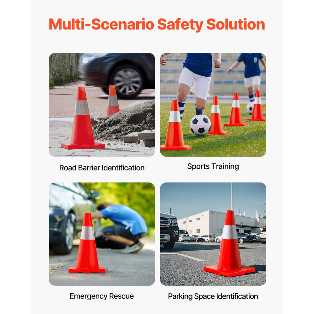 VEVOR 12Pack 18\" Traffic Cones, Safety Road Parking Cones PVC Base, Orange Traffic Cone with Reflective Collars, Hazard Construction Cones for Home Traffic Parking