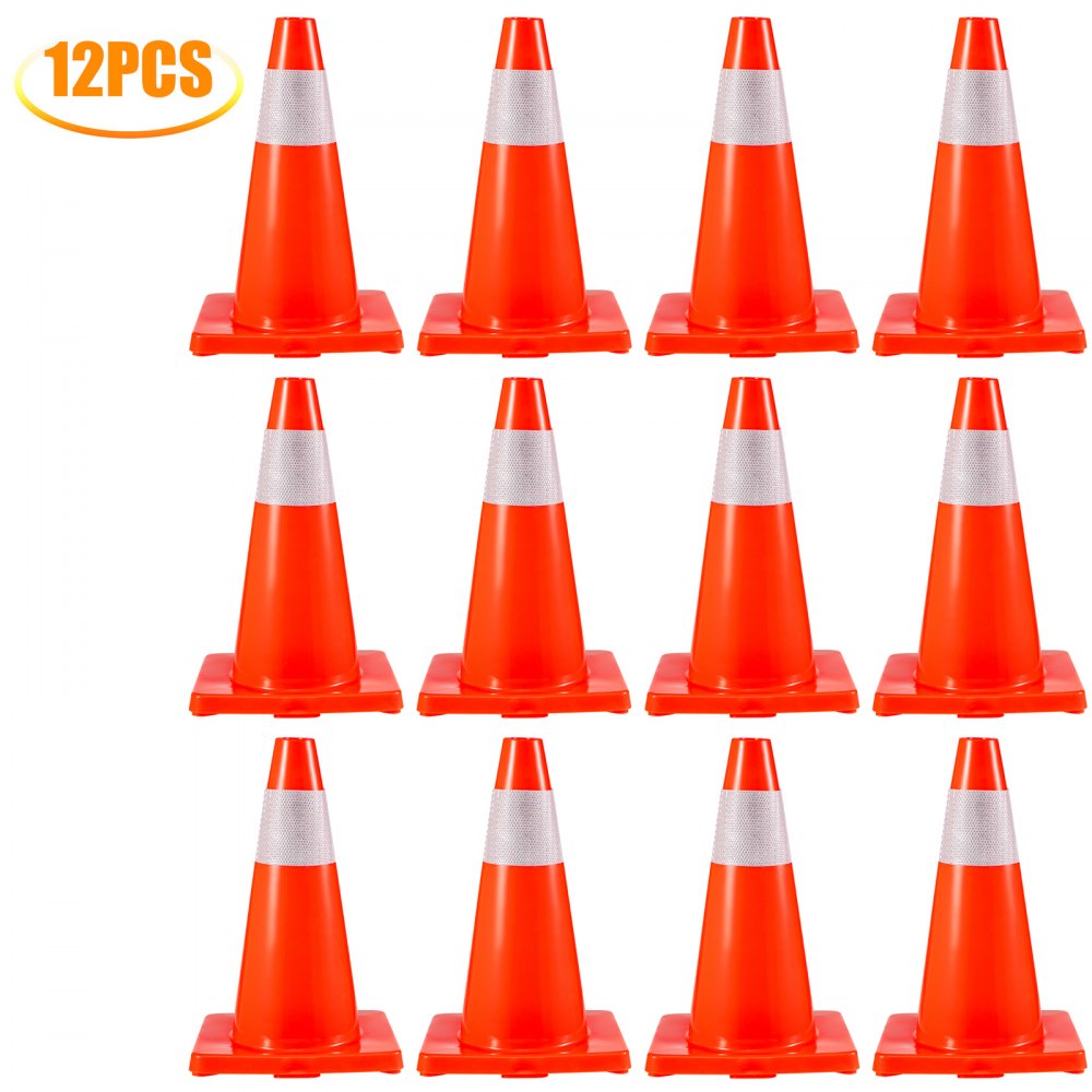VEVOR 12Pack 18\" Traffic Cones, Safety Road Parking Cones PVC Base, Orange Traffic Cone with Reflective Collars, Hazard Construction Cones for Home Traffic Parking