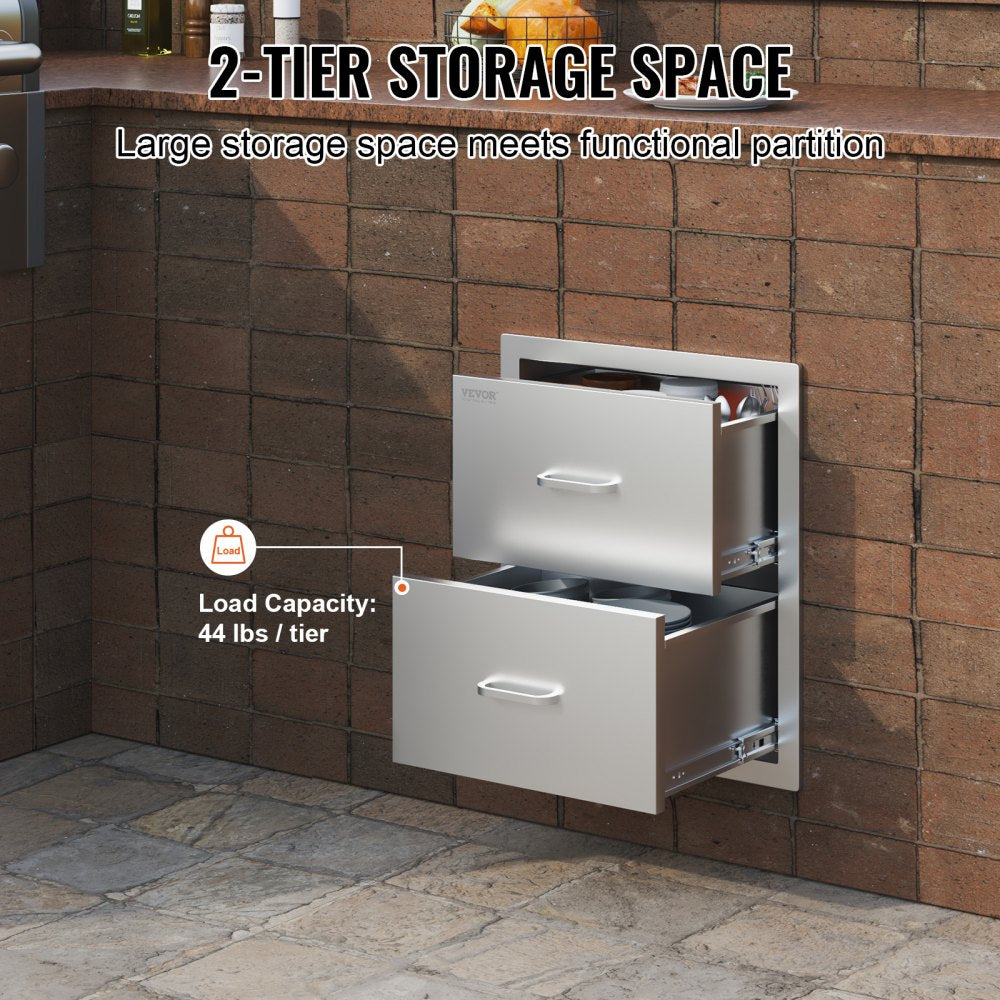 VEVOR Outdoor Kitchen Drawers 17.8W x 20.2H x 12.2D Inch, Flush Mount Double BBQ Drawers Stainless Steel with Handle, BBQ Island Drawers for Outdoor Kitchens or Patio Grill Station