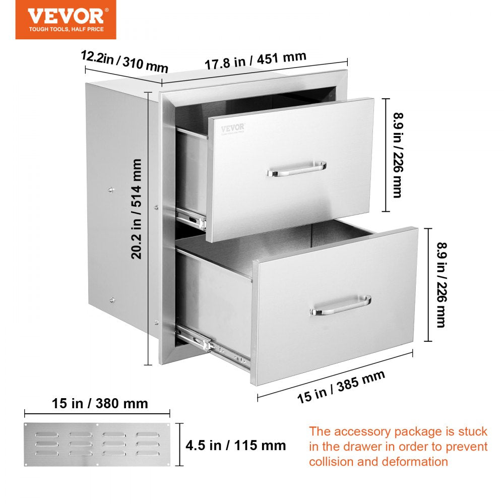 VEVOR Outdoor Kitchen Drawers 17.8W x 20.2H x 12.2D Inch, Flush Mount Double BBQ Drawers Stainless Steel with Handle, BBQ Island Drawers for Outdoor Kitchens or Patio Grill Station