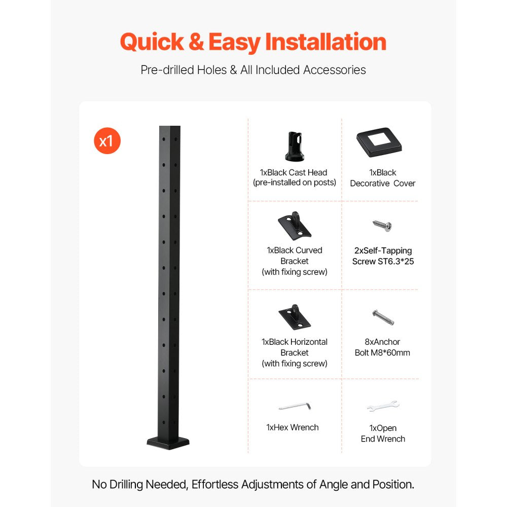 VEVOR Cable Railing Post, 42x2x2 Inch Corner Railing Post, with L-Shaped Pre-Drilled Holes, Stainless Steel Cable Rail Post with Horizontal and Curved Bracket, 1-Pack, Black, 1JZLGZXHS1065S1EW001V0