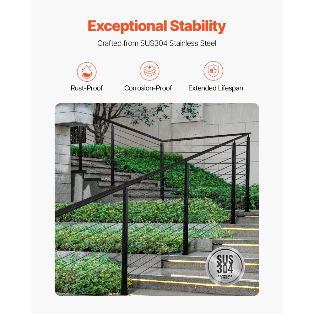 VEVOR Cable Railing Post, 42x2x2 Inch Stair Railing Post, with Pre-Drilled 30° Angled Holes, Stainless Steel Cable Rail Post with Horizontal and Curved Bracket, 1-Pack, Black, 1JZLGZXHS106W3XAA001V0