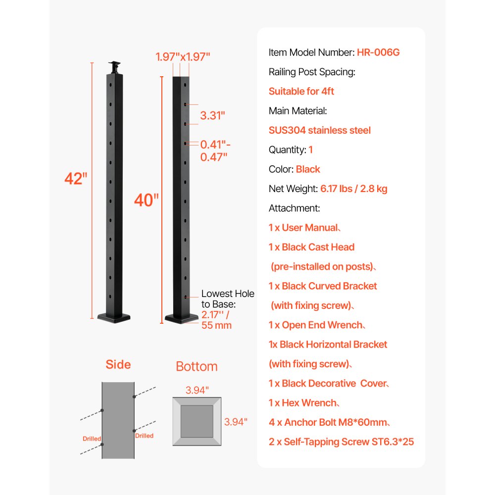 VEVOR Cable Railing Post, 42x2x2 Inch Stair Railing Post, with Pre-Drilled 30° Angled Holes, Stainless Steel Cable Rail Post with Horizontal and Curved Bracket, 1-Pack, Black, 1JZLGZXHS106W3XAA001V0