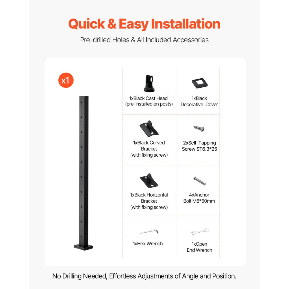 VEVOR 1-Pack Cable Railing Post, 36x2x2 In Horizontal-Hole Deck Railing Post with Pre-Drilled Holes, Stainless Steel Cable Rail Post with Horizontal and Curved Bracket, Black, 1JZLGZXHS9148RVYS001V0