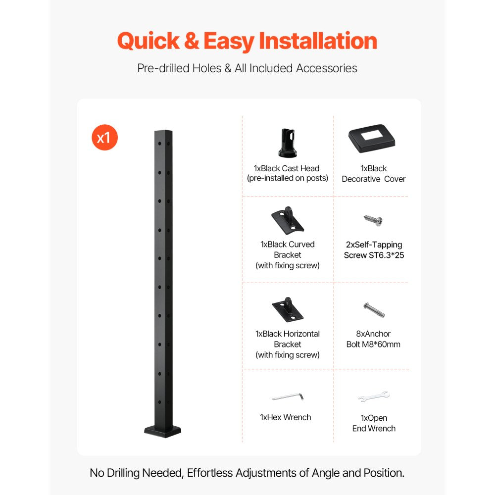 VEVOR Cable Railing Post, 36x1x2 Inch Corner Railing Post, with L-Shaped Pre-Drilled Holes, Stainless Steel Cable Rail Post with Horizontal and Curved Bracket, 1-Pack, Black, 1JZLGZXHS914IVCFL001V0