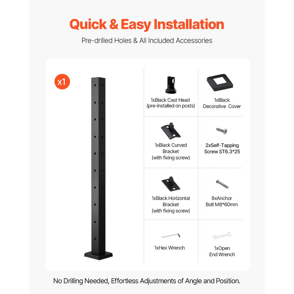 VEVOR Cable Railing Post, 36x2x2 Inch Corner Railing Post, with L-Shaped Pre-Drilled Holes, Stainless Steel Cable Rail Post with Horizontal and Curved Bracket, 1-Pack, Black, 1JZLGZXHS914ZPBNY001V0