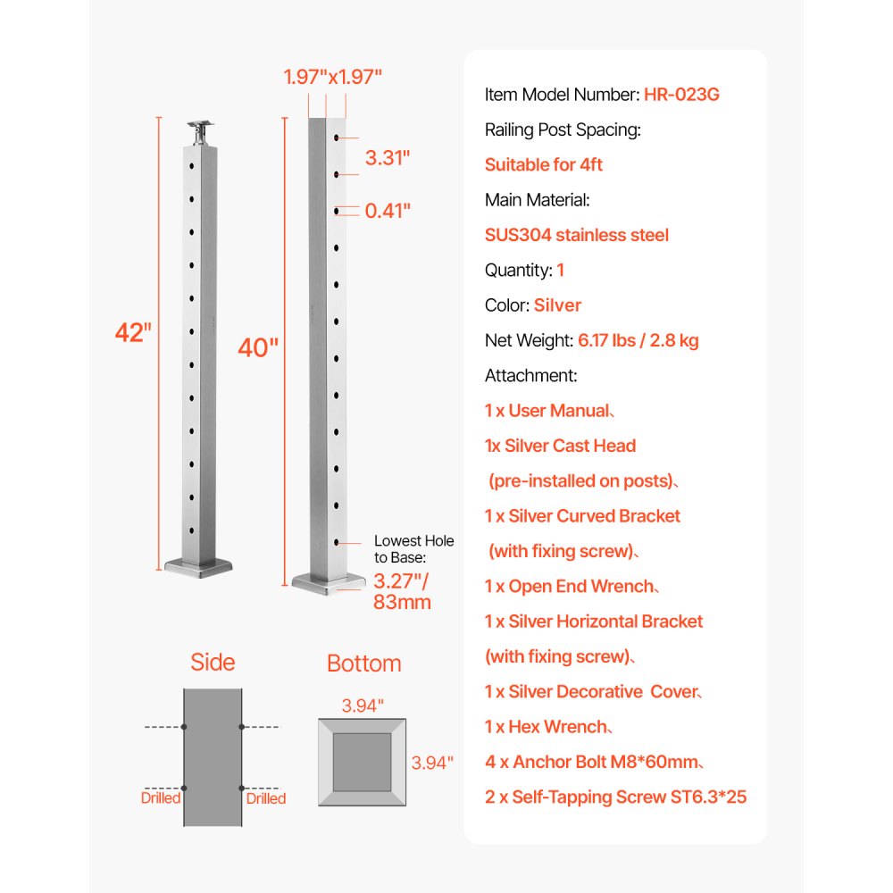 VEVOR Cable Railing Post, 42x2x2 Inch Level Deck Stair Posts, 1-Pack Stainless Steel Cable Handrail Post, Pre-Drilled Pickets with Mounting Bracket Stair Railing Kit, Silver, 1JZLGZXYS1061EF8W001V0