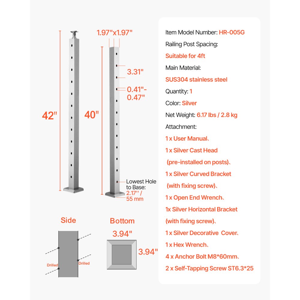 VEVOR Cable Railing Post, 42x2x2 Inch Stair Railing Post, with Pre-Drilled 30° Angled Holes, Stainless Steel Cable Rail Post with Horizontal and Curved Bracket, 1-Pack, Silver, 1JZLGZXYS1062TLWC001V0