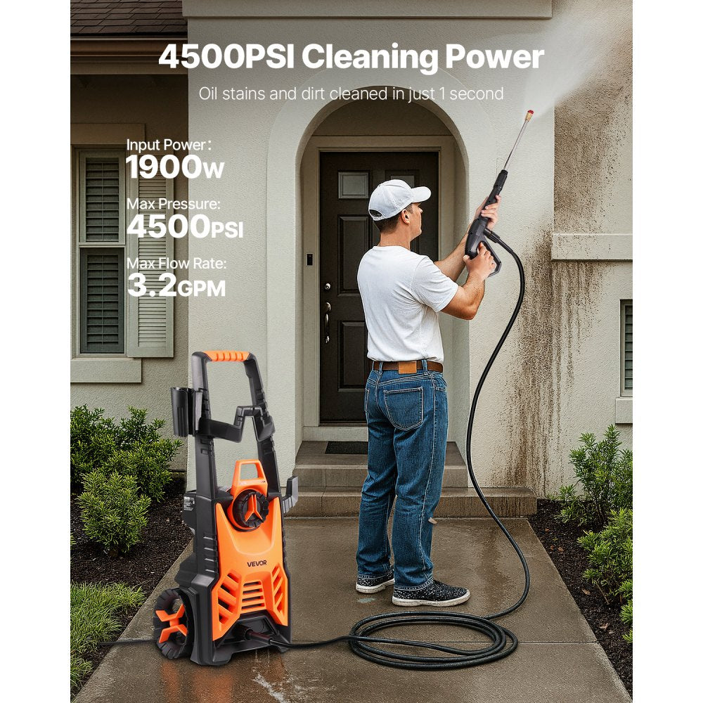 VEVOR Electric Pressure Washer, Max 4500 PSI and 3.2 GPM, High Power Pressure Cleaning Machine with 4 Quick Connect Nozzles and a Foam Cannon, Ideal for Cars/Fences/Driveways/Patios/Home Cleaning