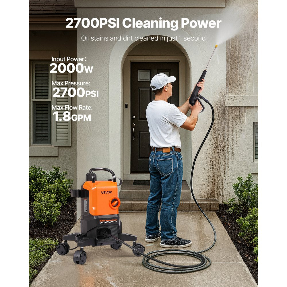 VEVOR Electric Pressure Washer, Max 2700 PSI and 1.8 GPM, High Power Pressure Cleaning Machine with 4 Quick Connect Nozzles and a Foam Cannon, Ideal for Cars/Fences/Driveways/Patios/Home Cleaning
