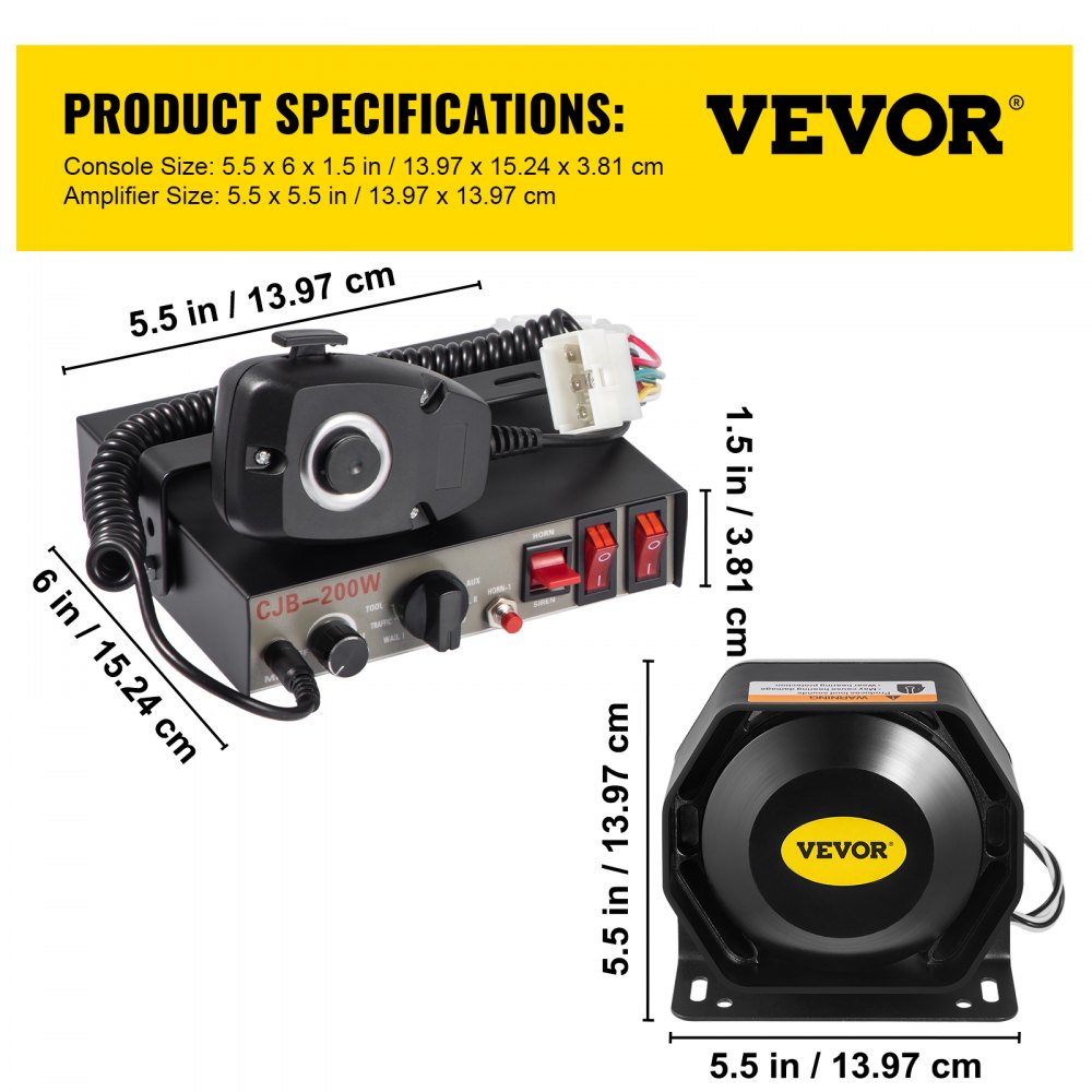 VEVOR Siren Bundle 8 Tones Emergency Warning Siren, 200W, with PA Speaker MIC System Vehicle Siren Box Fit for Police, Ambulance, Fire Fighting and Engineer Vehicles