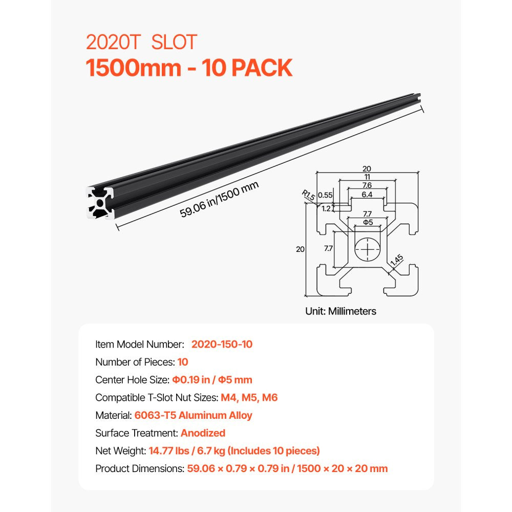 VEVOR 10PCS 59 in (1500 mm) T Slot 2020 Aluminum Extrusion Profile, European Standard Anodized Linear Rail, High-Strength Extruded Aluminum Rail for 3D Printer, CNC Machine DIY, Laser Engraving, Black
