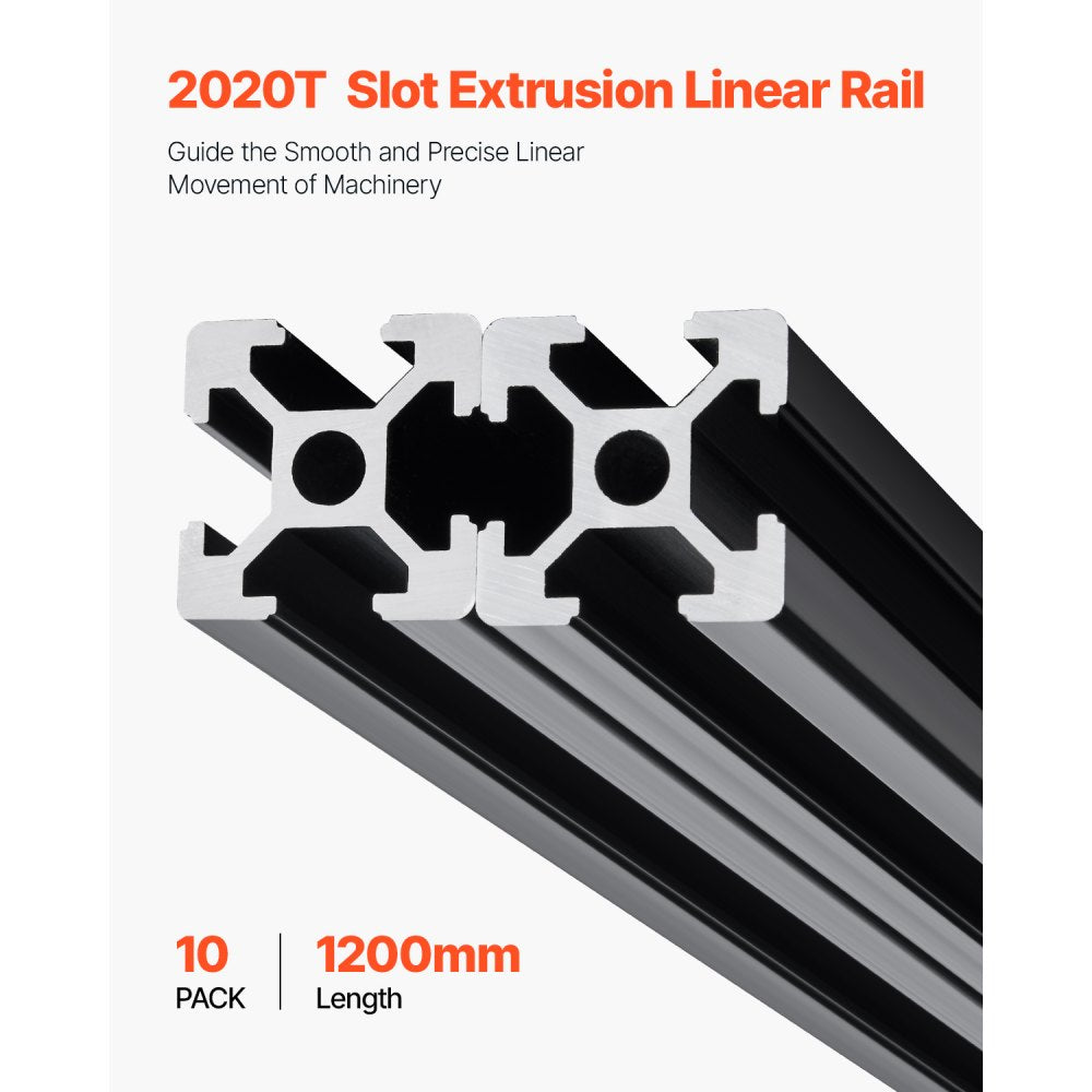 VEVOR 10PCS 47.2 in (1200mm) T Slot 2020 Aluminum Extrusion Profile, European Standard Anodized Linear Rail, High-Strength Extruded Aluminum Rail for 3D Printer, CNC Machine DIY, Laser Engraving, Black