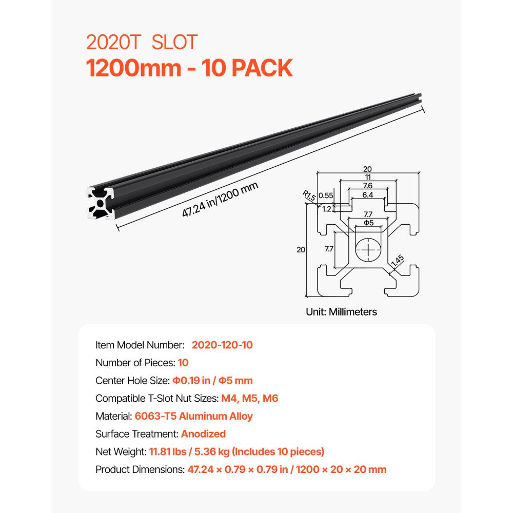 VEVOR 10PCS 47.2 in (1200mm) T Slot 2020 Aluminum Extrusion Profile, European Standard Anodized Linear Rail, High-Strength Extruded Aluminum Rail for 3D Printer, CNC Machine DIY, Laser Engraving, Black