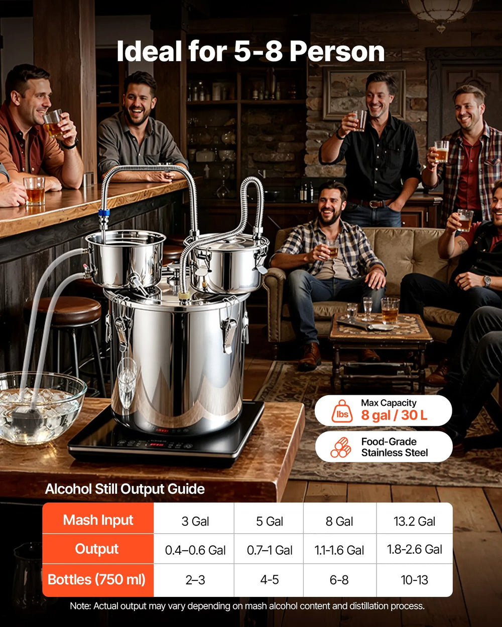 VEVOR Alcohol Still, 8 GAL/ 30L Alcohol Distiller with Thumper Keg, Dual-scale Thermometer, and Water Pump, Home Brewing Kit for DIY Whiskey Wine Brandy