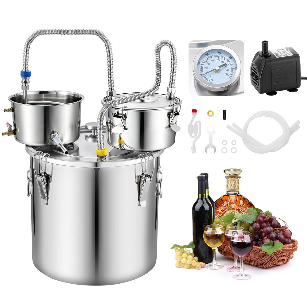 VEVOR Alcohol Still, 8 GAL/ 30L Alcohol Distiller with Thumper Keg, Dual-scale Thermometer, and Water Pump, Home Brewing Kit for DIY Whiskey Wine Brandy