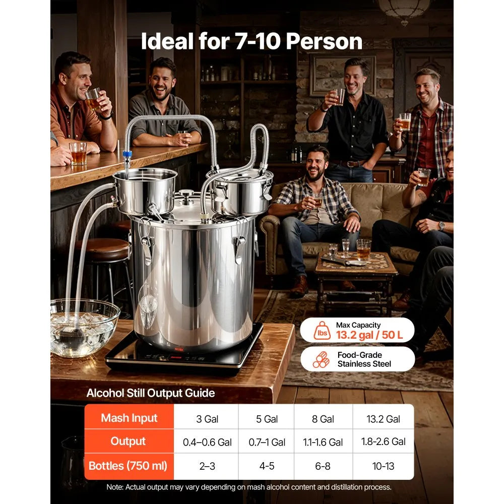 VEVOR Alcohol Still, 13.2 GAL/ 50L Alcohol Distiller with 10 x 16oz Glass Jars, Thumper Keg, Dual-scale Thermometer, and Water Pump, Home Brewing Kit for DIY Whiskey Wine Brandy