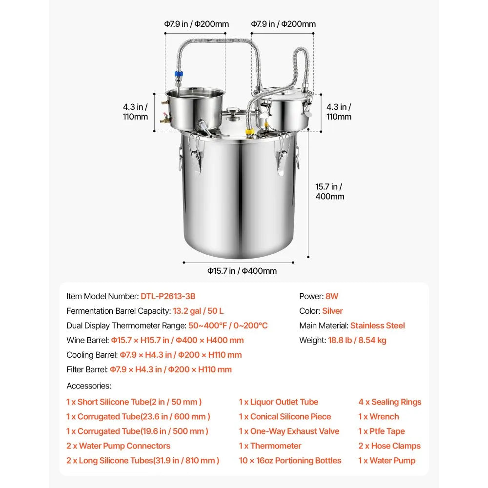 VEVOR Alcohol Still, 13.2 GAL/ 50L Alcohol Distiller with 10 x 16oz Glass Jars, Thumper Keg, Dual-scale Thermometer, and Water Pump, Home Brewing Kit for DIY Whiskey Wine Brandy