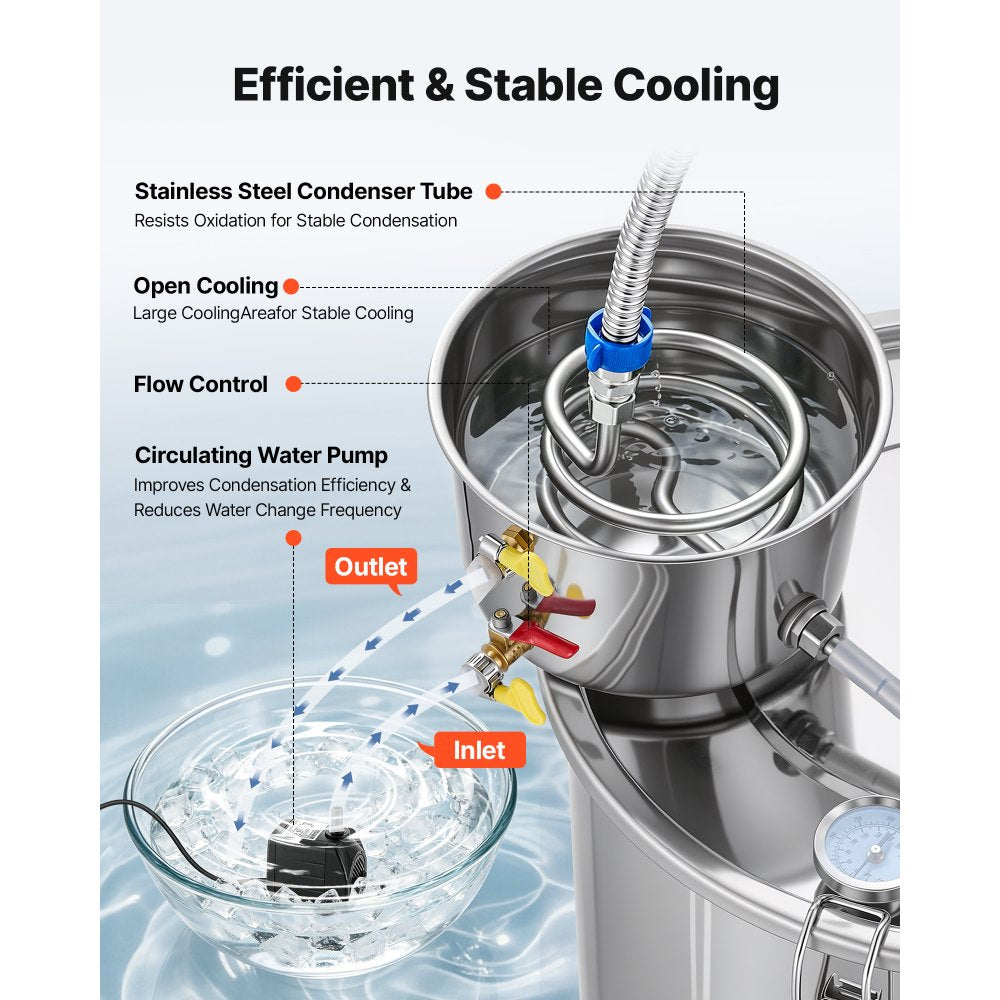 VEVOR Alcohol Still, 13.2 GAL/ 50L Alcohol Distiller with Thumper Keg, Dual-scale Thermometer, and Water Pump, Home Brewing Kit for DIY Whiskey Wine Brandy