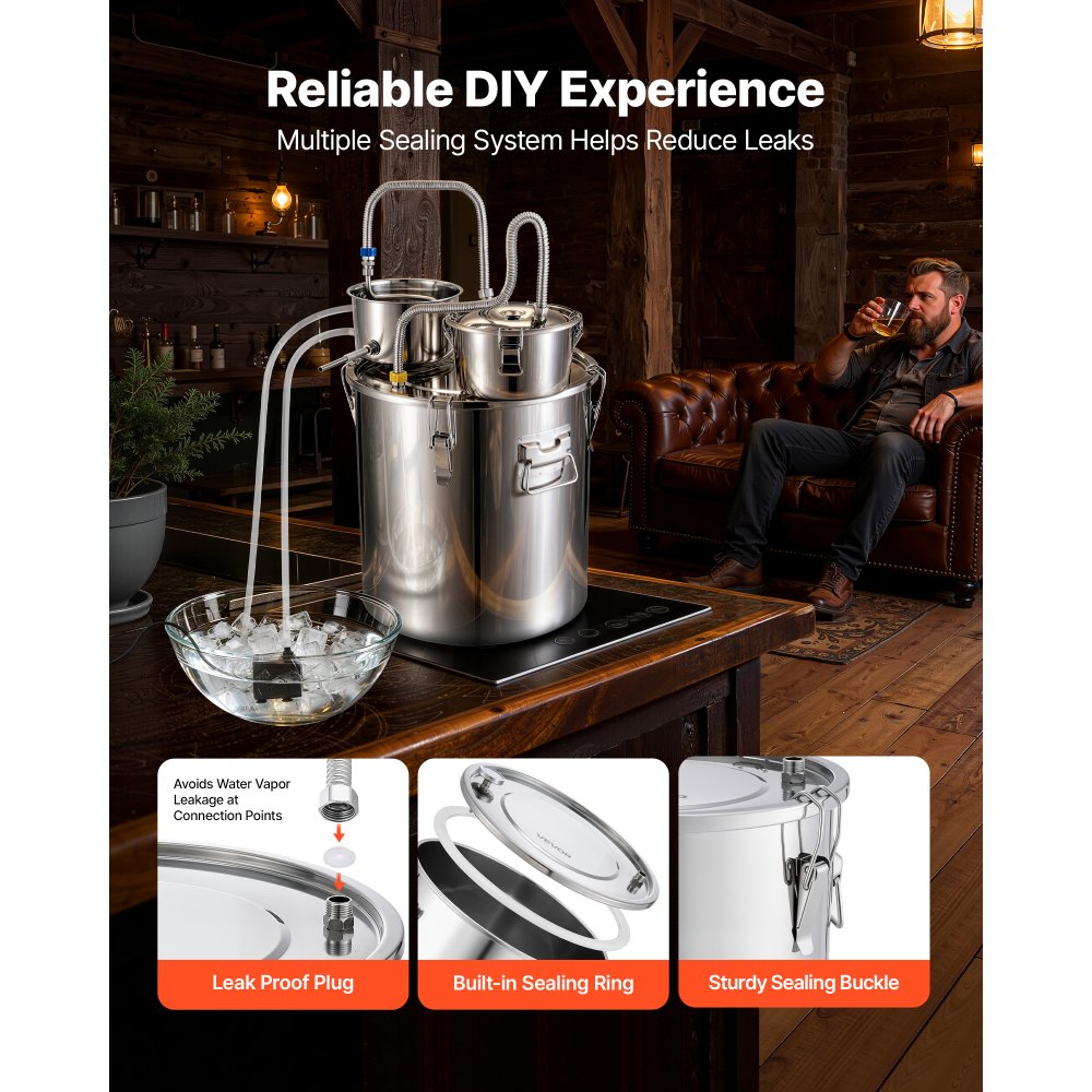VEVOR Alcohol Still, 13.2 GAL/ 50L Alcohol Distiller with Thumper Keg, Dual-scale Thermometer, and Water Pump, Home Brewing Kit for DIY Whiskey Wine Brandy