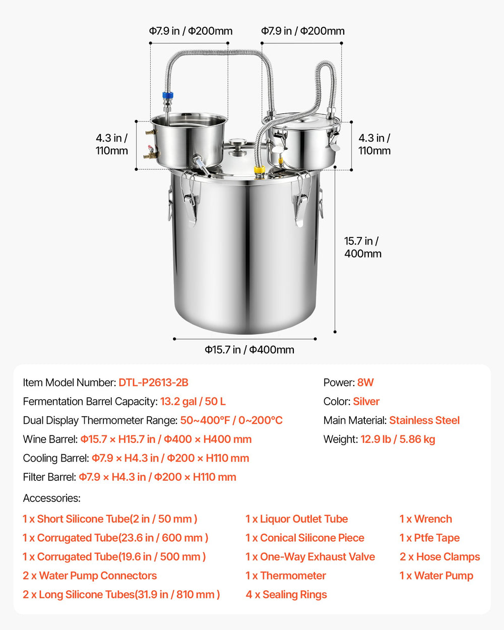VEVOR Alcohol Still, 13.2 GAL/ 50L Alcohol Distiller with Thumper Keg, Dual-scale Thermometer, and Water Pump, Home Brewing Kit for DIY Whiskey Wine Brandy
