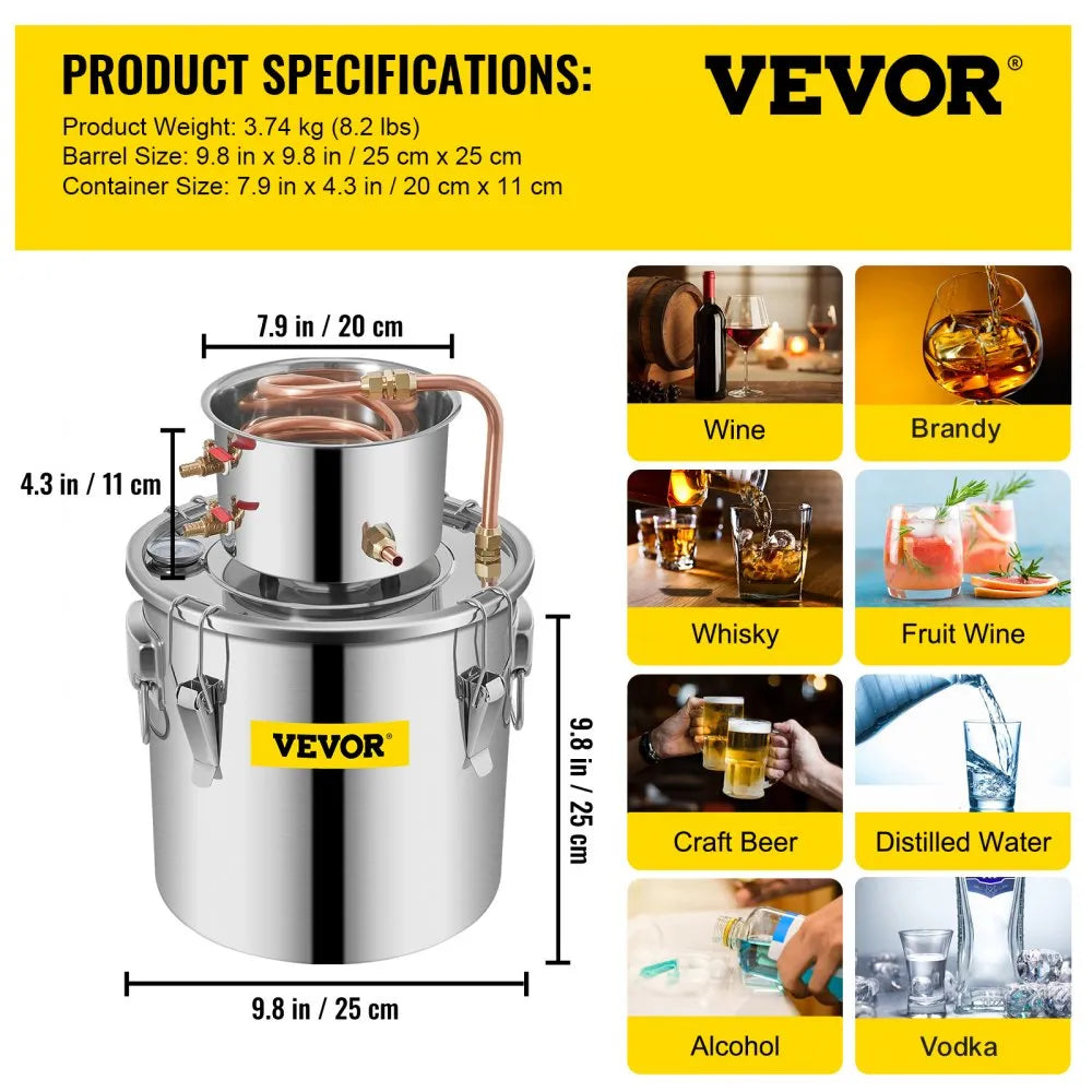 VEVOR Alcohol Still 3Gal/21L, Alcohol Distiller with Circulating Pump, Alcohol Still Copper Tube, Whiskey Distilling Kit with Build-In Thermometer, Whiskey Making Kit for DIY Alcohol, Stainless Steel