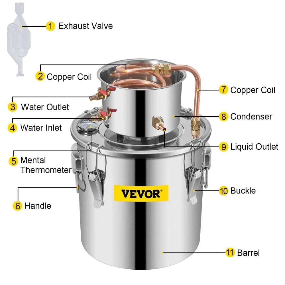 VEVOR Alcohol Still 3Gal/21L, Alcohol Distiller with Circulating Pump, Alcohol Still Copper Tube, Whiskey Distilling Kit with Build-In Thermometer, Whiskey Making Kit for DIY Alcohol, Stainless Steel