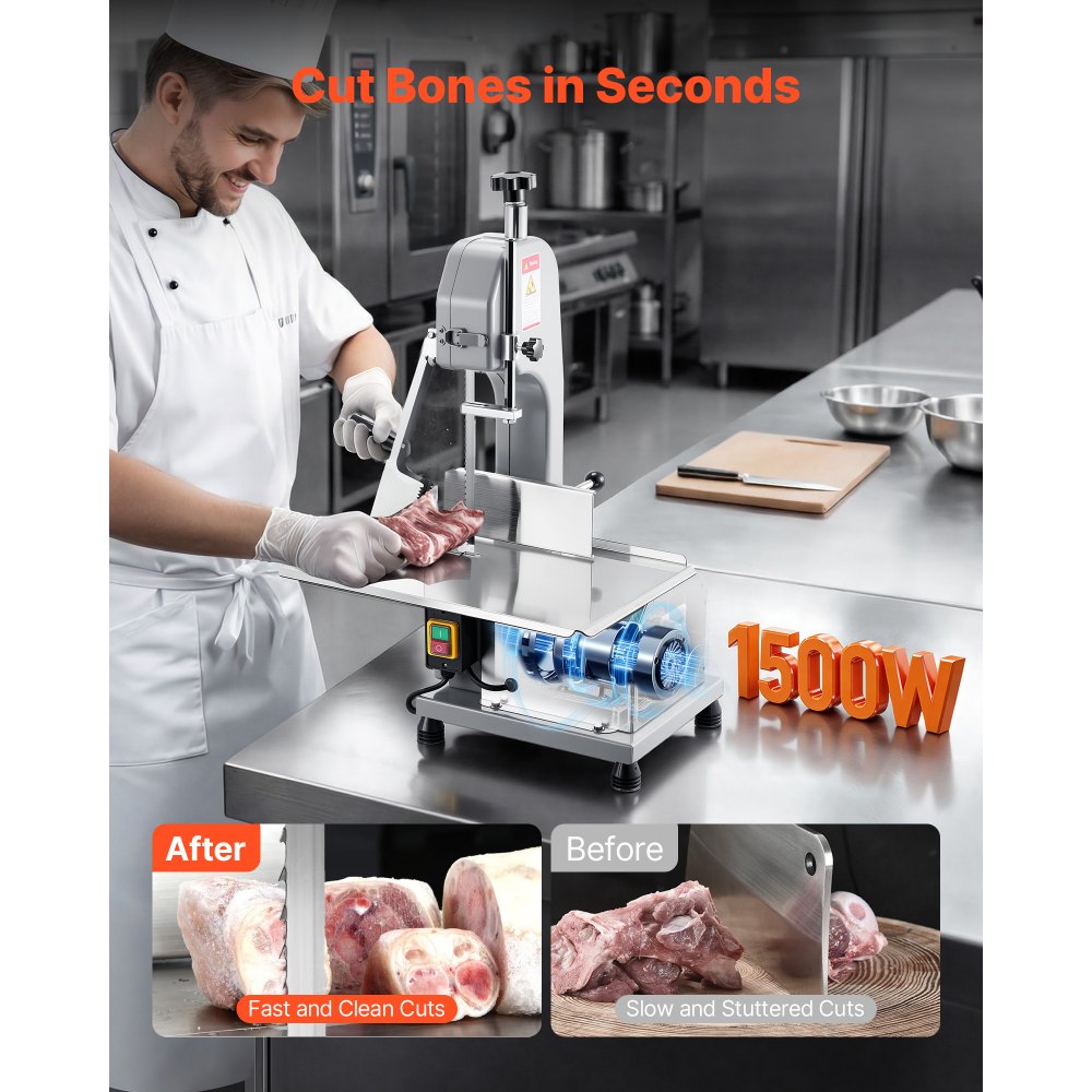 VEVOR Commercial Electric Meat Bandsaw, 1500W Bone Sawing Machine with 12.4" x 18.1" Workbench, 0-4.3" Cutting Thickness, 7 Extra Replacement Blades, for Cutting Bone, Frozen Meat, Pork, Beef & Ribs