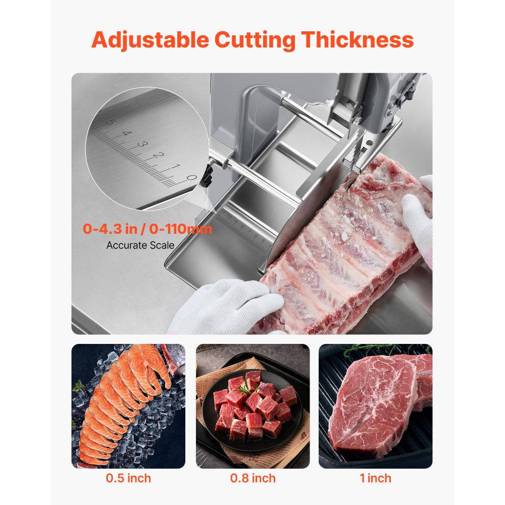 VEVOR Commercial Electric Meat Bandsaw, 1500W Bone Sawing Machine with 12.4" x 18.1" Workbench, 0-4.3" Cutting Thickness, 7 Extra Replacement Blades, for Cutting Bone, Frozen Meat, Pork, Beef & Ribs