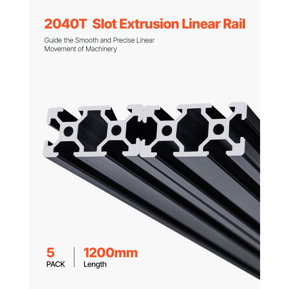 VEVOR 5PCS 47.2 in (1200mm) T Slot 2040 Aluminum Extrusion Profile, European Standard Anodized Linear Rail, High-Strength Extruded Aluminum Rail for 3D Printer, CNC Machine DIY, Laser Engraving, Black